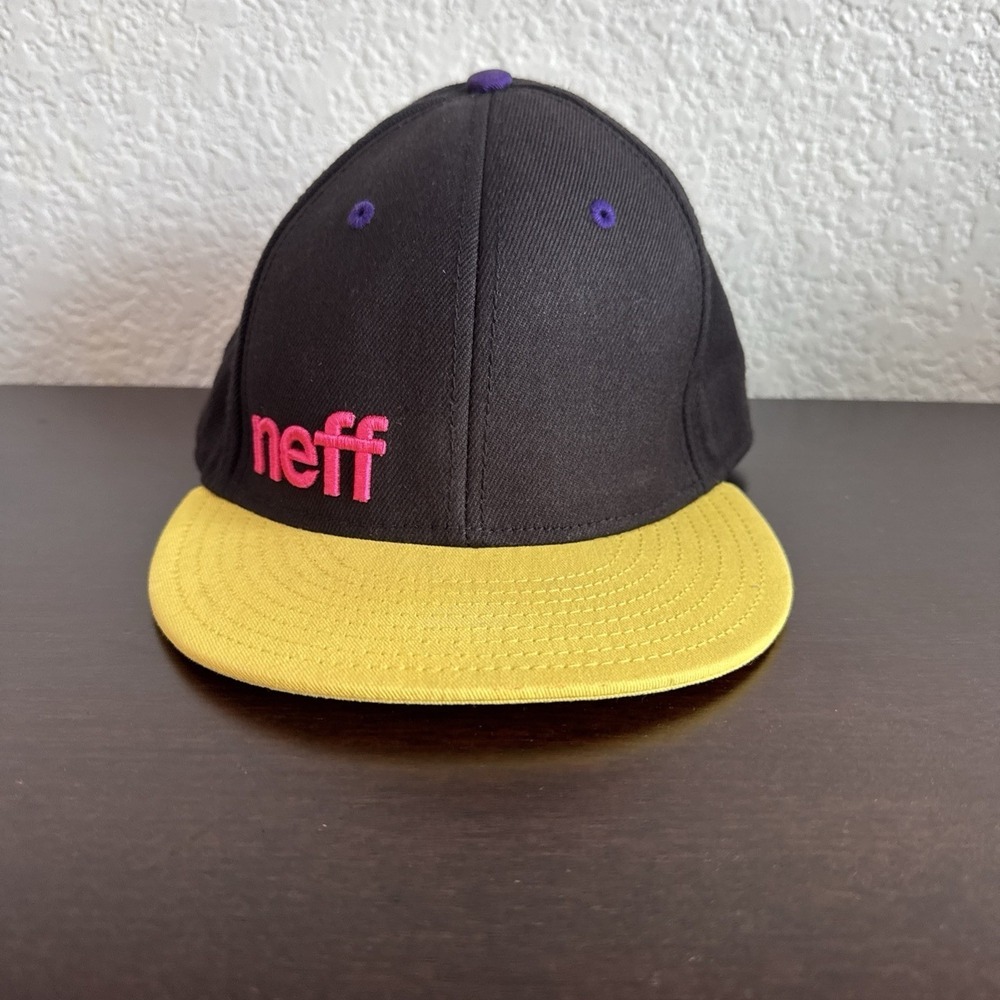 NEFF Fitted Hat Size L Black Yellow Pink Embroidered Logo Flexfit Skate Cap